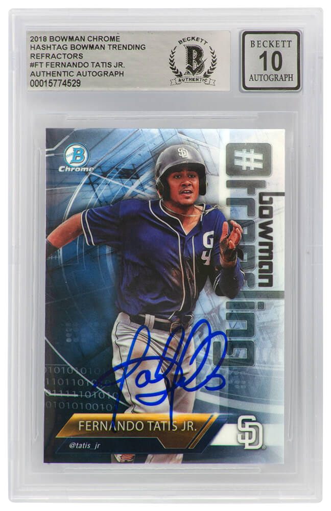 Fernando Tatis Jr. Signed San Diego Padres 2018 Bowman Chrome Hashtag Trending Refractors Card #-FT - (Beckett / Auto Grade 10) - TATCAR102 - Fernando Tatis Jr. Signed San Diego Padres 2018 Bowman Chrome Hashtag Trending Refractors Card #-FT - (Beckett / Auto Grade 10) product image
