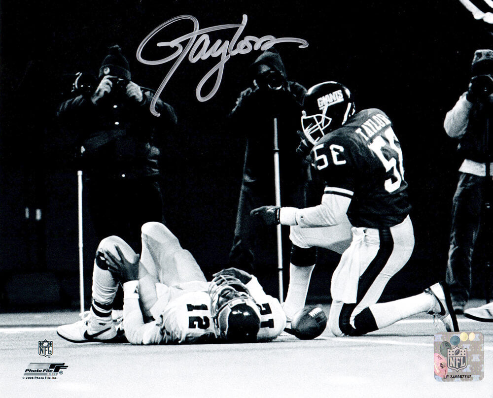 Lawrence Taylor Signed New York Giants Kneeling Over Randell Cunningham B&W 8x10 Photo - TAY08P305 - Lawrence Taylor Signed New York Giants Kneeling Over Randell Cunningham B&W 8x10 Photo product image