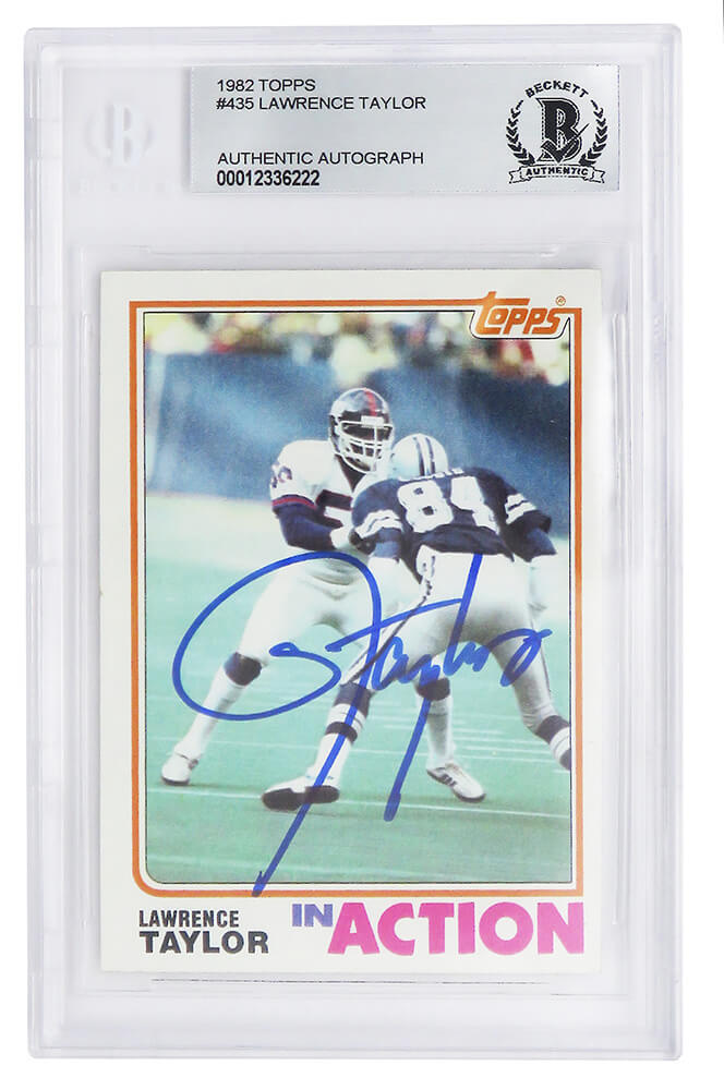 Lawrence Taylor Signed New York Giants 1982 Topps In Action Rookie Card #435 (Beckett Encapsulated) - TAYCAR302 - Lawrence Taylor Signed New York Giants 1982 Topps In Action Rookie Card #435 (Beckett Encapsulated) product image