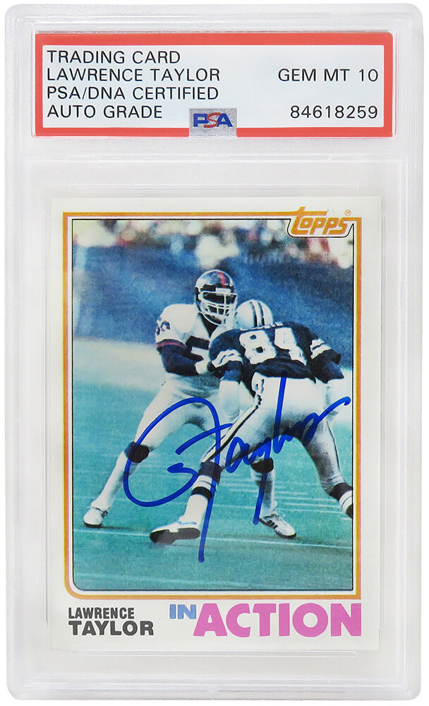 Lawrence Taylor Signed New York Giants 1982 Topps In Action Rookie Card #435 (PSA Encapsulated - Auto Grade 10) - TAYCAR307 - Lawrence Taylor Signed New York Giants 1982 Topps In Action Rookie Card #435 (PSA Encapsulated - Auto Grade 10) product image