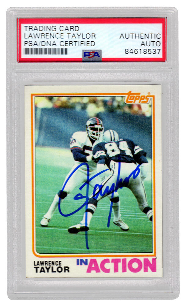 Lawrence Taylor Signed New York Giants 1982 Topps In Action Rookie Card #435 (PSA Encapsulated) - TAYCAR308 - Lawrence Taylor Signed New York Giants 1982 Topps In Action Rookie Card #435 (PSA Encapsulated) product image
