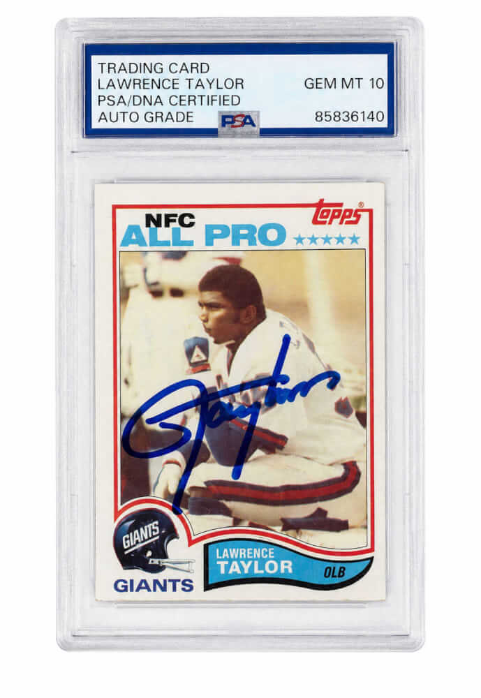Lawrence Taylor Signed Giants 1982 Topps Football Rookie Card #434 (PSA Encapsulated - Auto Grade 10) - TAYCAR309 - Lawrence Taylor Signed Giants 1982 Topps Football Rookie Card #434 (PSA Encapsulated - Auto Grade 10) product image