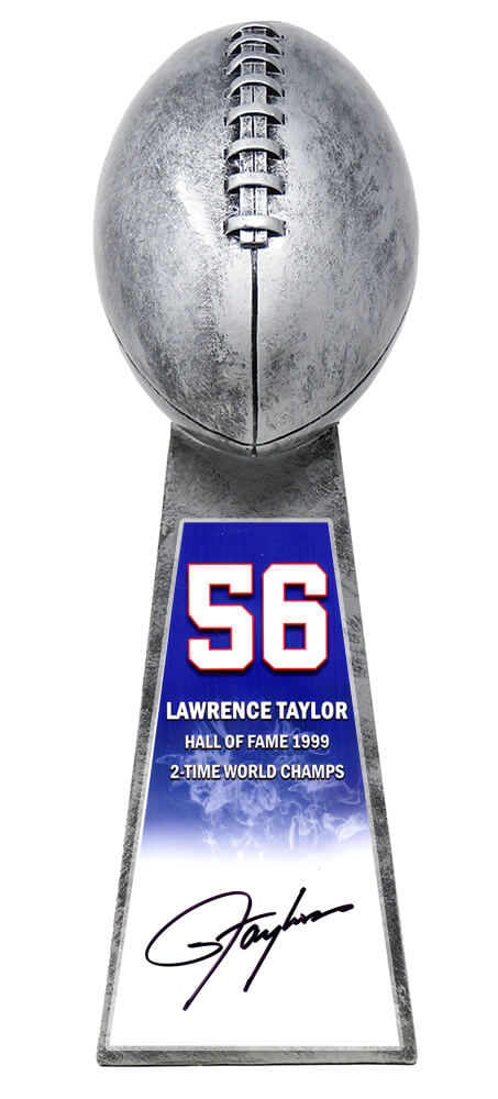 Lawrence Taylor Signed Football World Champion 15 Inch Replica Silver Trophy With #56 Sticker - TAYTRO303 - Lawrence Taylor Signed Football World Champion 15 Inch Replica Silver Trophy With #56 Sticker product image