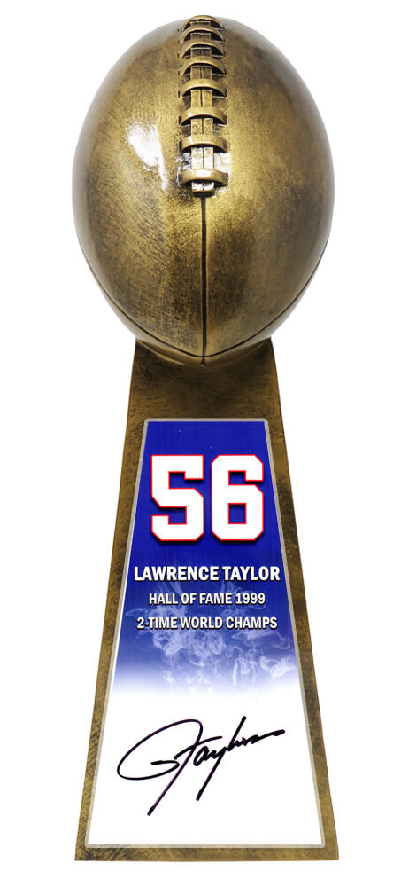 Lawrence Taylor Signed Football World Champion 15 Inch Replica Gold Trophy With #56 Sticker - TAYTRO304 - Lawrence Taylor Signed Football World Champion 15 Inch Replica Gold Trophy With #56 Sticker product image