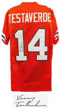 Vinny Testaverde Signed Orange Throwback Custom Football Jersey - TESJRY302 - Vinny Testaverde Signed Orange Throwback Custom Football Jersey product image