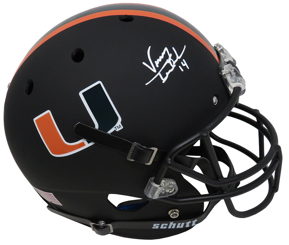 Vinny Testaverde Signed Miami Hurricanes Black Matte Schutt Full Size Replica Helmet - TESREP306 - Vinny Testaverde Signed Miami Hurricanes Black Matte Schutt Full Size Replica Helmet product image