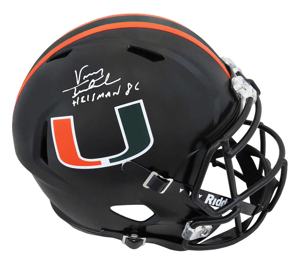 Vinny Testaverde Signed Miami Hurricanes Black Riddell Full Size Speed Replica Helmet w/Heisman'86 - TESREP307 - Vinny Testaverde Signed Miami Hurricanes Black Riddell Full Size Speed Replica Helmet w/Heisman'86 product image