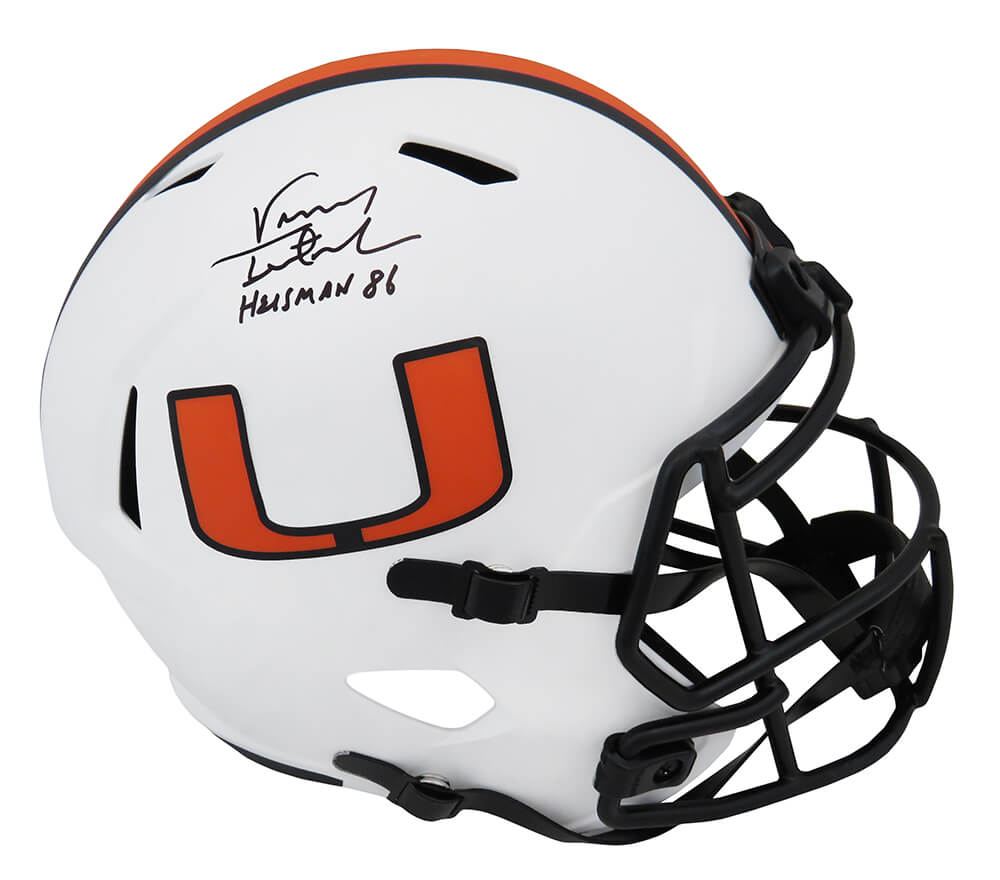 Vinny Testaverde Signed Miami Hurricanes Lunar Eclipse White Matte Riddell Full Size Speed Replica Helmet w/Heisman'86 - TESREP308 - Vinny Testaverde Signed Miami Hurricanes Lunar Eclipse White Matte Riddell Full Size Speed Replica Helmet w/Heisman'86 product image