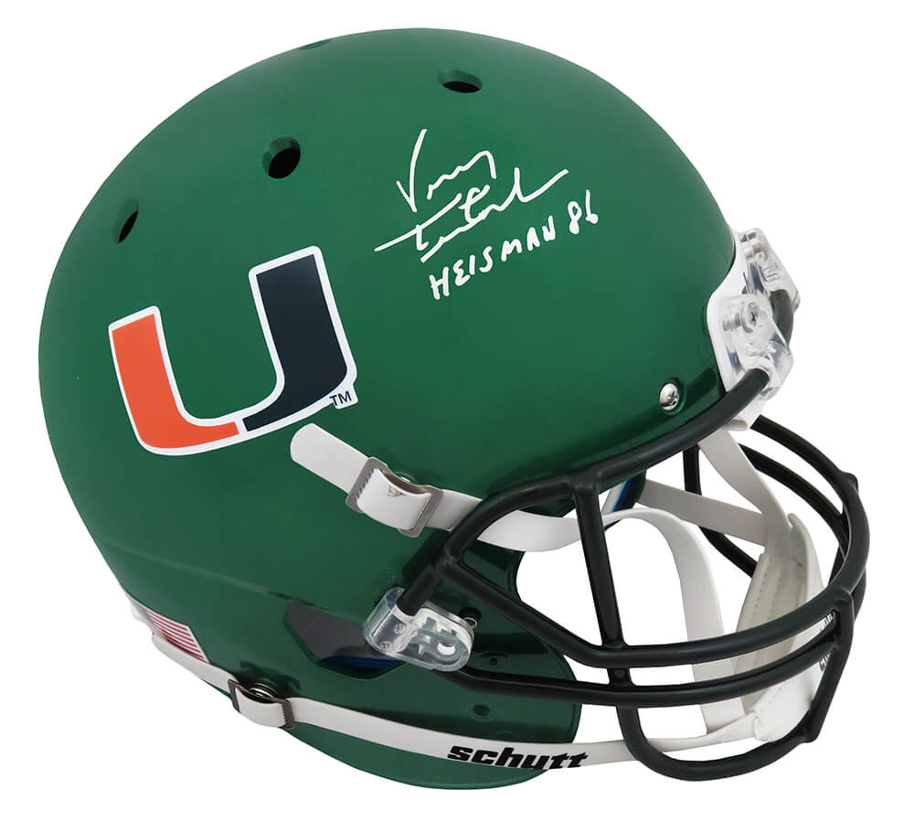 Vinny Testaverde Signed Miami Hurricanes Green Schutt Full Size Replica Helmet w/Heisman'86 - TESREP310 - Vinny Testaverde Signed Miami Hurricanes Green Schutt Full Size Replica Helmet w/Heisman'86 product image