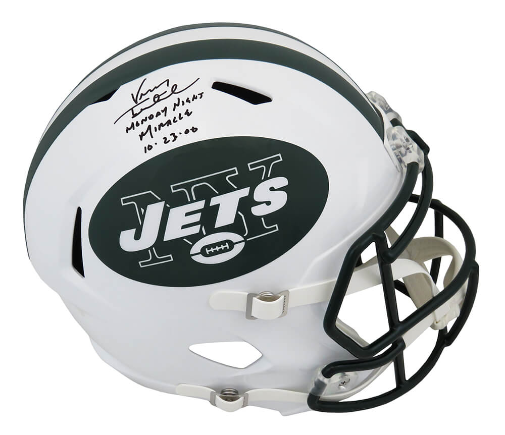 Vinny Testaverde Signed New York Jets White T/B Riddell Full Size Speed Replica Helmet w/Monday Night Miracle 10-23-00 - TESREP311 - Vinny Testaverde Signed New York Jets White T/B Riddell Full Size Speed Replica Helmet w/Monday Night Miracle 10-23-00 product image