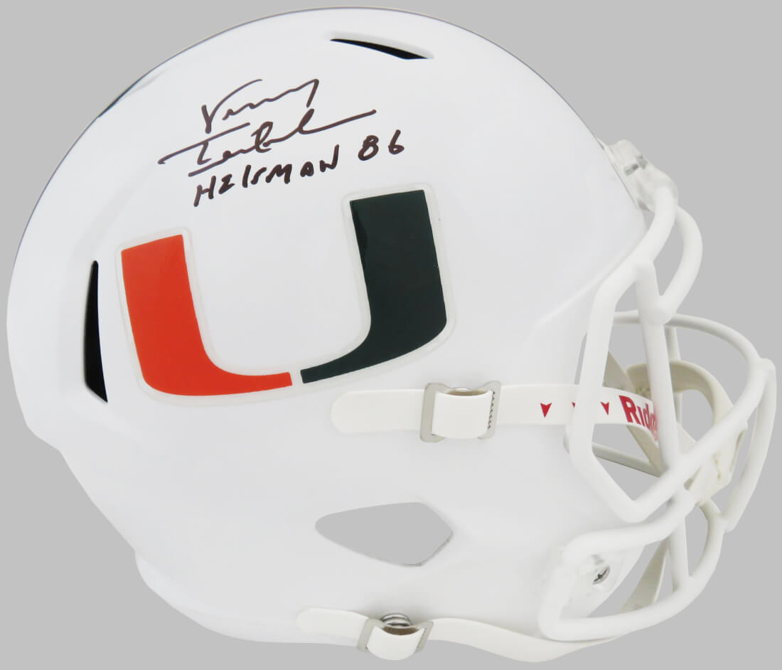 Vinny Testaverde Signed Miami Hurricanes White Riddell Full Size Speed Replica Helmet w/Heisman'86 - TESREP312 - Vinny Testaverde Signed Miami Hurricanes White Riddell Full Size Speed Replica Helmet w/Heisman'86 product image