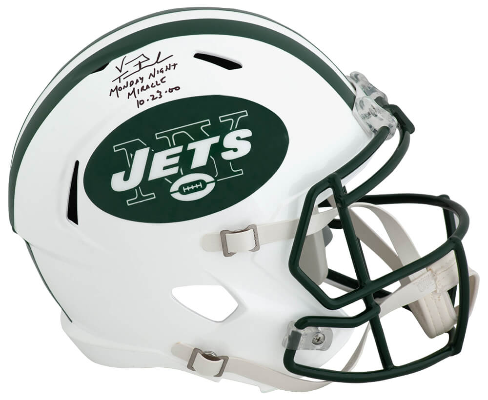 Vinny Testaverde Signed NY Jets White T/B Riddell Full Size Speed Replica Helmet w/Monday Night Miracle 10-23-00 - TESREP318 - Vinny Testaverde Signed NY Jets White T/B Riddell Full Size Speed Replica Helmet w/Monday Night Miracle 10-23-00 product image