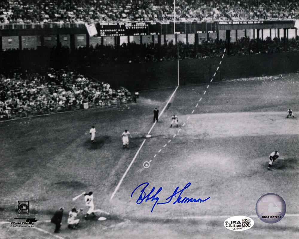 Bobby Thomson Signed Giants Shot Heard Around World HR B&W 8x10 Photo - (JSA) - THO08P133 - Bobby Thomson Signed Giants Shot Heard Around World HR B&W 8x10 Photo - (JSA) product image