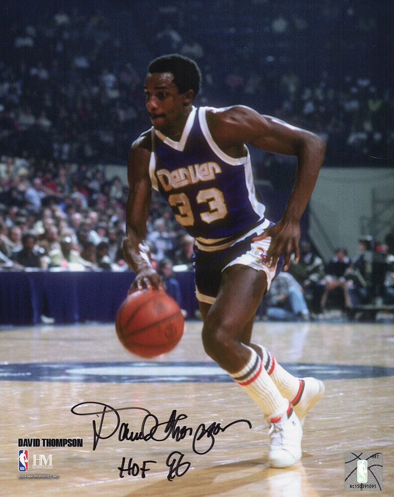 David Thompson Signed Denver Nuggets Dribbling Action 8x10 Photo w/HOF'96 - THO08P200 - David Thompson Signed Denver Nuggets Dribbling Action 8x10 Photo w/HOF'96 product image