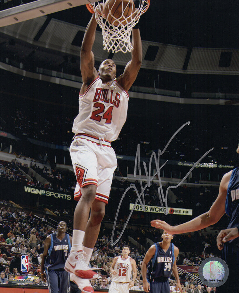 Tyrus Thomas Signed Chicago Bulls White Jersey Dunk 8x10 Photo - THO08P221 - Tyrus Thomas Signed Chicago Bulls White Jersey Dunk 8x10 Photo product image