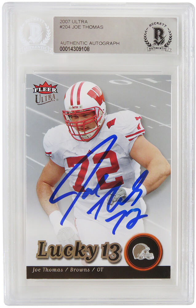 Joe Thomas Signed 2007 Fleer Ultra Rookie Football Trading Card #204 - (Beckett Encapsulated) - THOCAR323 - Joe Thomas Signed 2007 Fleer Ultra Rookie Football Trading Card #204 - (Beckett Encapsulated) product image