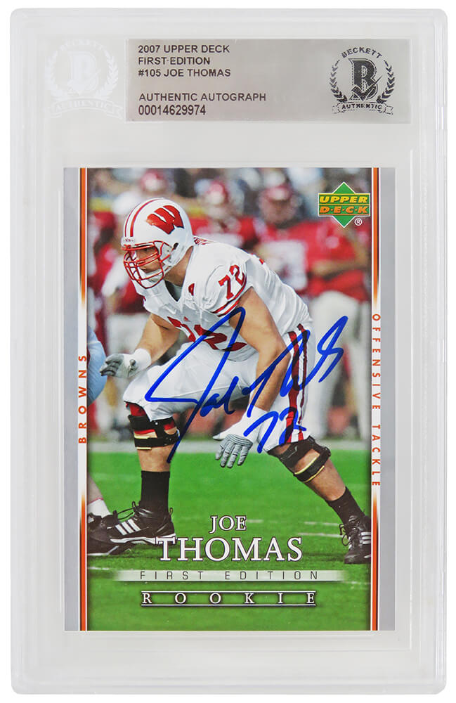 Joe Thomas Signed 2007 Upper Deck First Edition Rookie Football Card #105 - (Beckett Encapsulated) - THOCAR328 - Joe Thomas Signed 2007 Upper Deck First Edition Rookie Football Card #105 - (Beckett Encapsulated) product image