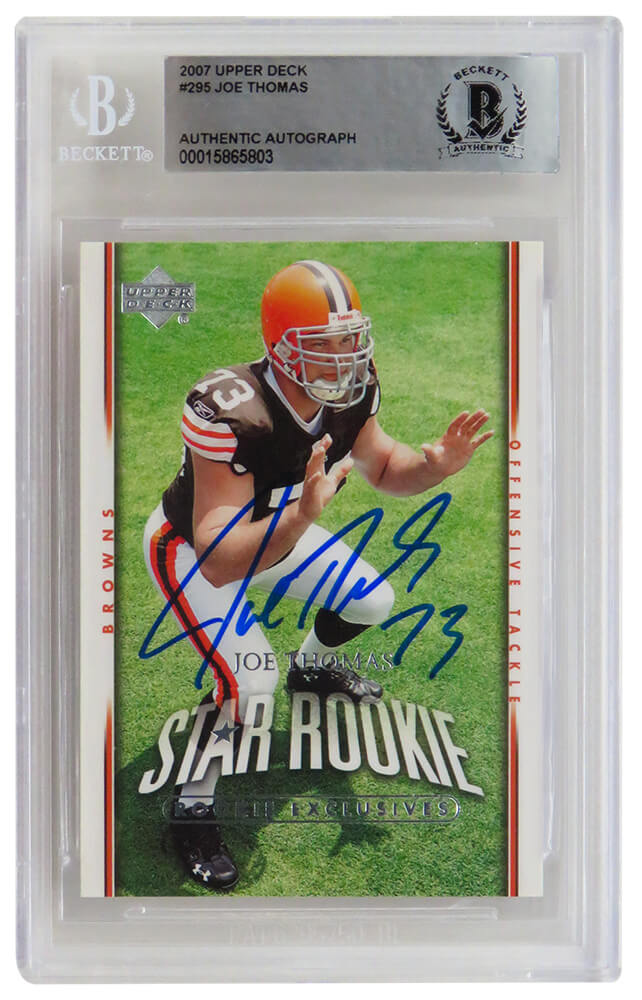Joe Thomas Signed Cleveland Browns 2007 Upper Deck Rookie Football Card #295 - (Beckett Encapsulated) - THOCAR332 - Joe Thomas Signed Cleveland Browns 2007 Upper Deck Rookie Football Card #295 - (Beckett Encapsulated) product image