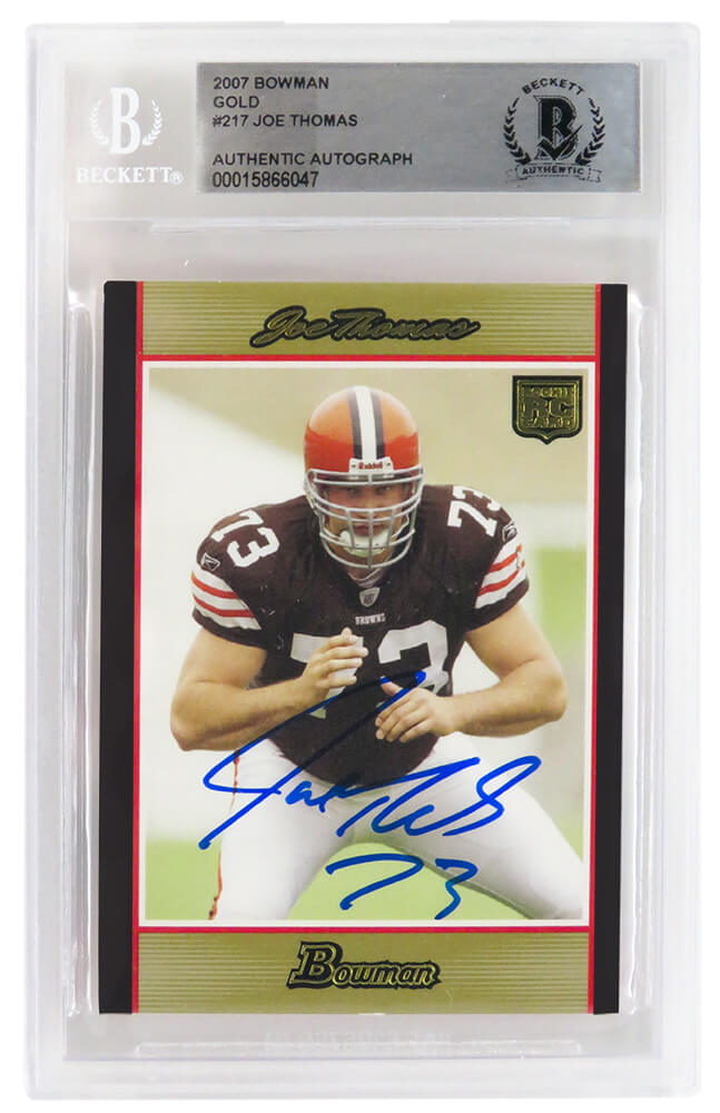 Joe Thomas Signed Cleveland Browns 2007 Bowman Gold Rookie Football Card #217 - (Beckett Encapsulated) - THOCAR333 - Joe Thomas Signed Cleveland Browns 2007 Bowman Gold Rookie Football Card #217 - (Beckett Encapsulated) product image