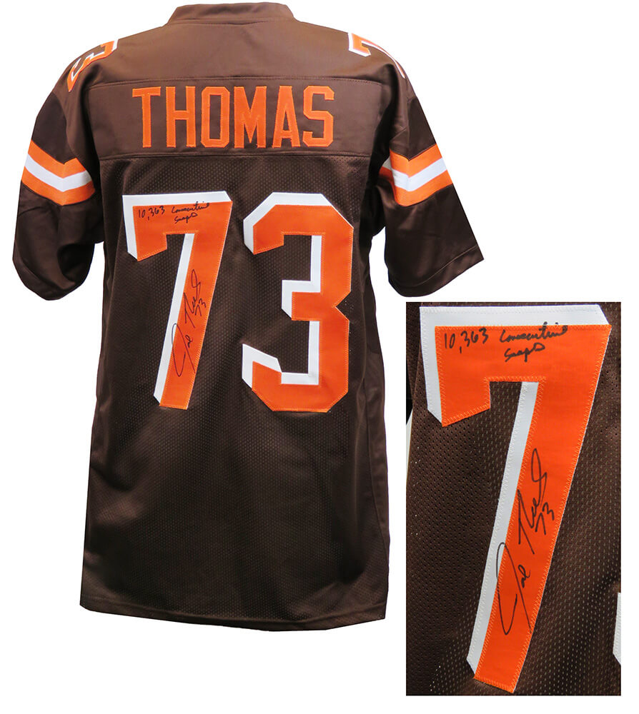 Joe Thomas Signed Brown Custom Football Jersey (With Orange #'s) w/10,363 Consecutive Snaps - THOJRY327 - Joe Thomas Signed Brown Custom Football Jersey (With Orange #'s) w/10,363 Consecutive Snaps product image