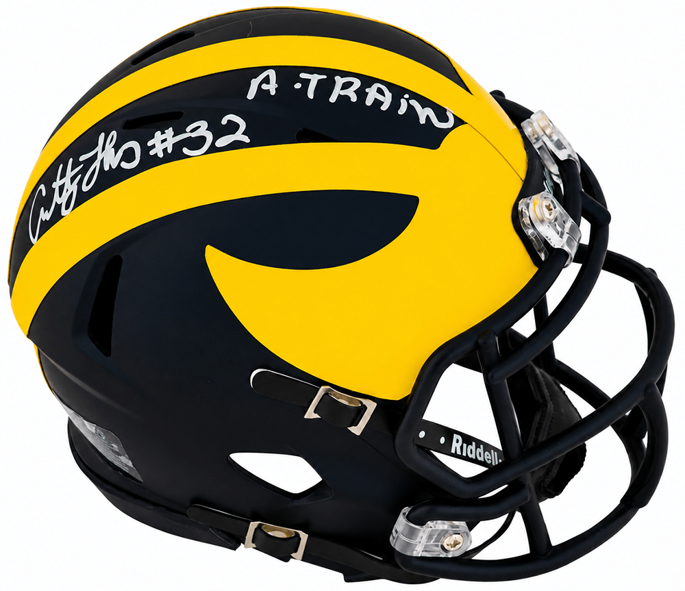 Anthony Thomas Signed Michigan Wolverines Riddell Speed Mini Helmet w/A-Train - THOMIN366 - Anthony Thomas Signed Michigan Wolverines Riddell Speed Mini Helmet w/A-Train product image