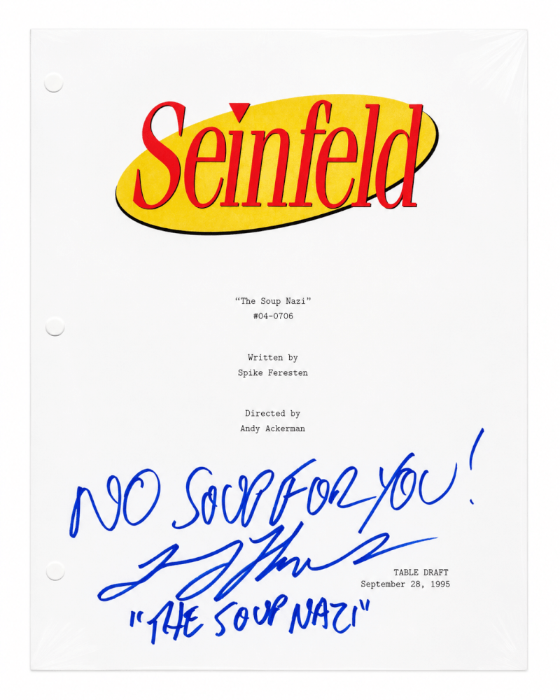 Larry Thomas Signed Seinfeld The Soup Nazi Episode Script Cover Page w/The Soup Nazi, No Soup For You - THOOTH501 - Larry Thomas Signed Seinfeld The Soup Nazi Episode Script Cover Page w/The Soup Nazi, No Soup For You product image