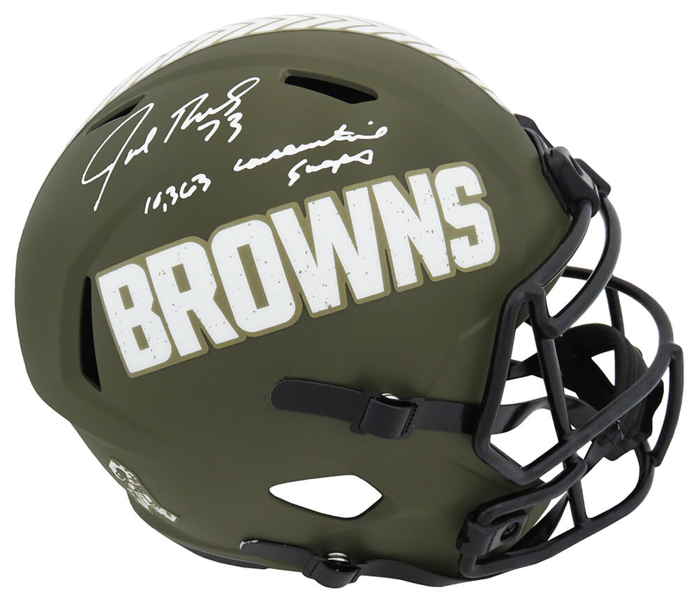 Joe Thomas Signed Cleveland Browns Salute to Service Riddell Full Size Speed Replica Helmet w/10,363 Consecutive Snaps - THOREP342 - Joe Thomas Signed Cleveland Browns Salute to Service Riddell Full Size Speed Replica Helmet w/10,363 Consecutive Snaps product image
