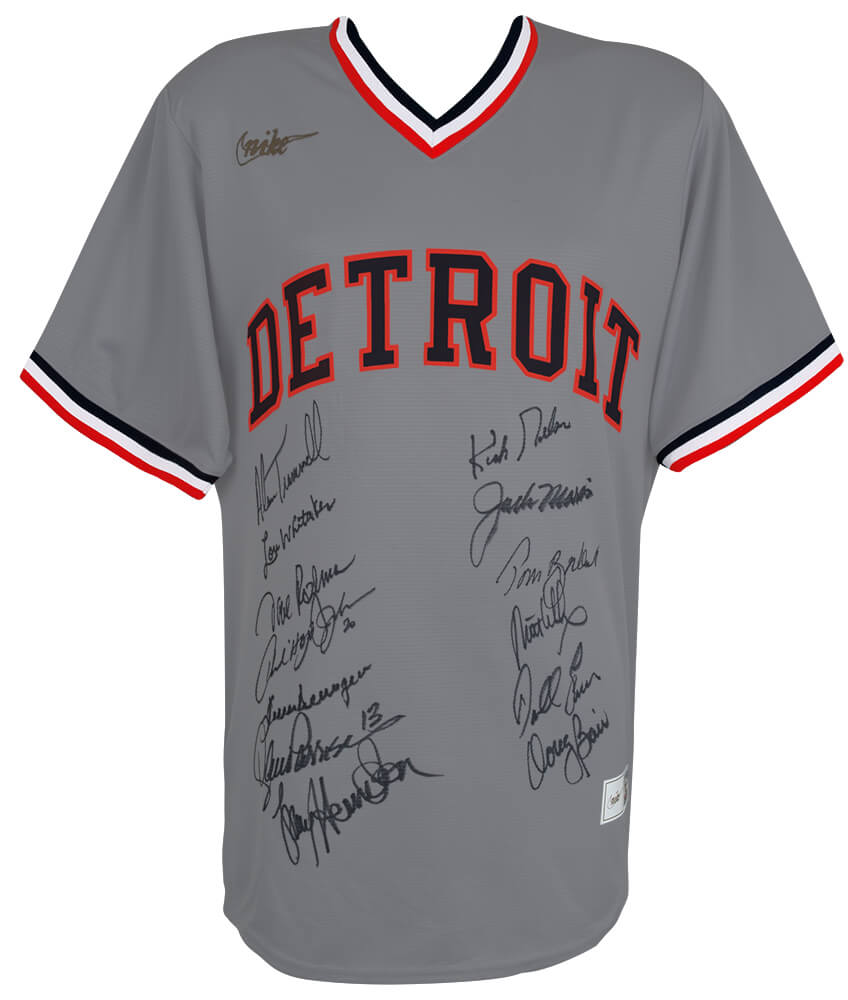 1984 Detroit Tigers Team Signed Detroit Tigers Cooperstown Collection Grey Replica Baseball Jersey (13 - Sigs) - TIGJRY100 - 1984 Detroit Tigers Team Signed Detroit Tigers Cooperstown Collection Grey Replica Baseball Jersey (13 - Sigs) product image