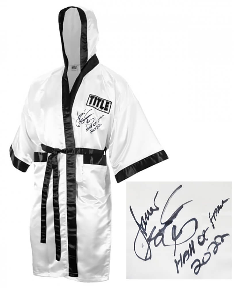 James Toney Signed Title White Boxing Robe w/HOF 2022 - TONROB500 - James Toney Signed Title White Boxing Robe w/HOF 2022 product image