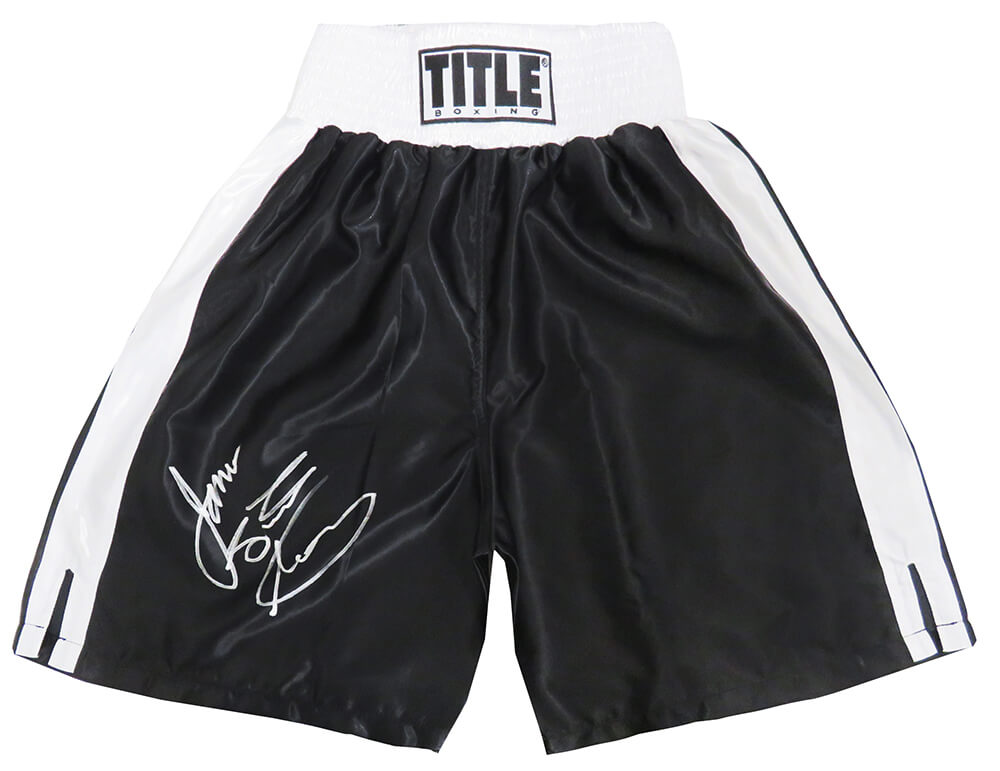James Toney Signed Title Black With White Trim Boxing Trunks w/Lights Out - TONTRU502 - James Toney Signed Title Black With White Trim Boxing Trunks w/Lights Out product image