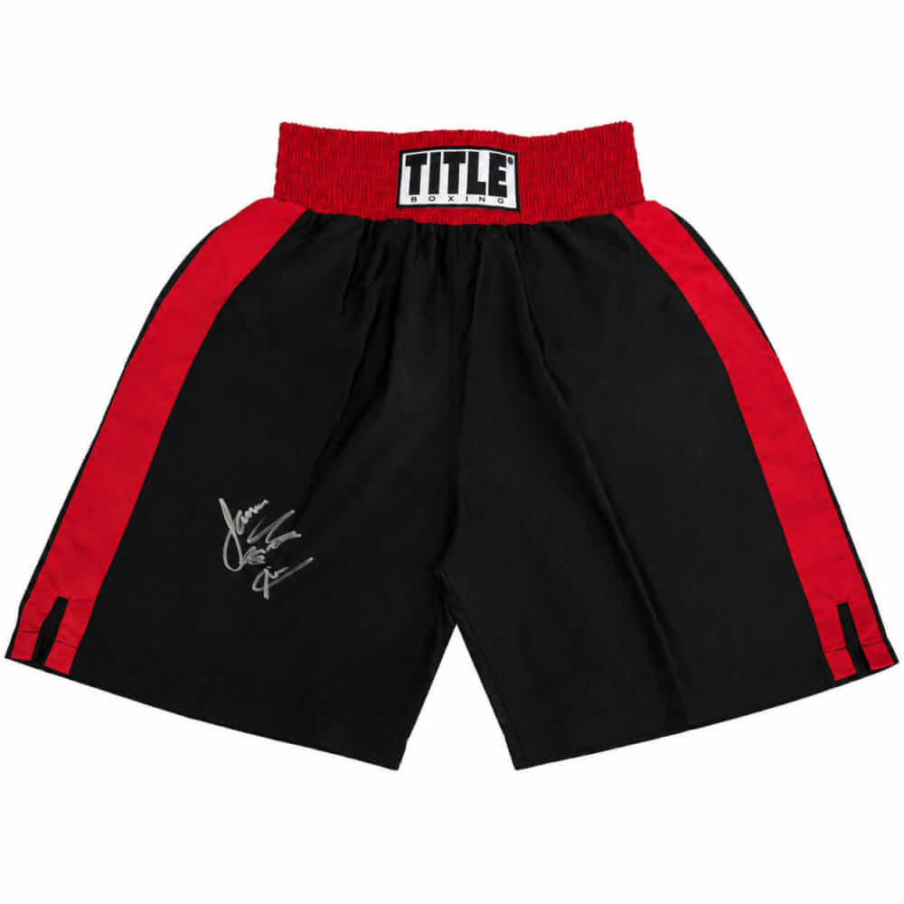 James Toney Signed Title Black With Red Trim Boxing Trunks w/Lights Out - TONTRU503 - James Toney Signed Title Black With Red Trim Boxing Trunks w/Lights Out product image