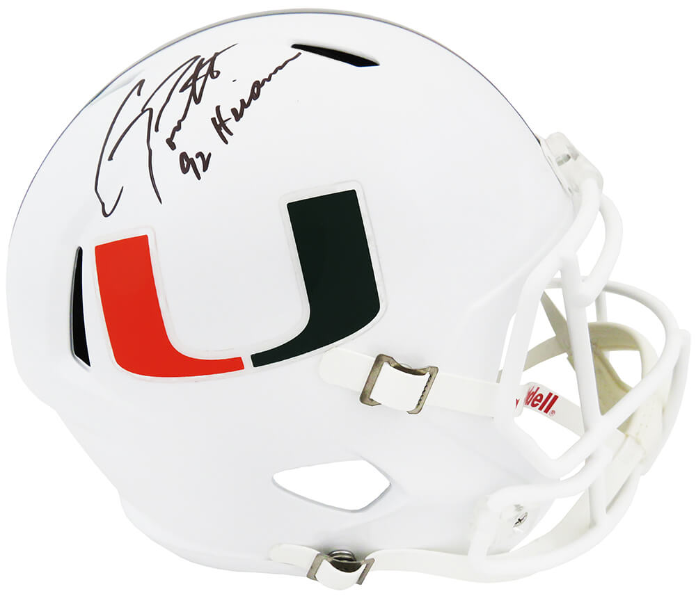 Gino Torretta Signed Miami Hurricanes White Riddell Full Size Speed Replica Helmet w/92 Heisman - TORREP300 - Gino Torretta Signed Miami Hurricanes White Riddell Full Size Speed Replica Helmet w/92 Heisman product image