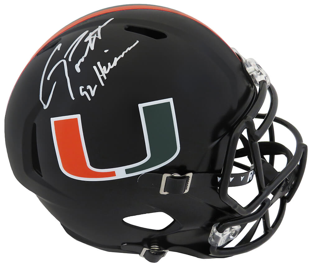 Gino Torretta Signed Miami Hurricanes Black Night Alternate Riddell Full Size Speed Replica Helmet w/92 Heisman - TORREP301 - Gino Torretta Signed Miami Hurricanes Black Night Alternate Riddell Full Size Speed Replica Helmet w/92 Heisman product image