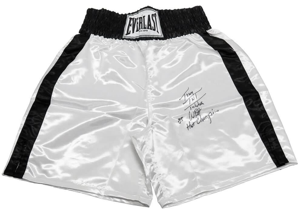Tony Tubbs Signed Everlast White Boxing Trunks w/TNT, 85 WBA Hwt Champion - TUBTRU501 - Tony Tubbs Signed Everlast White Boxing Trunks w/TNT, 85 WBA Hwt Champion product image
