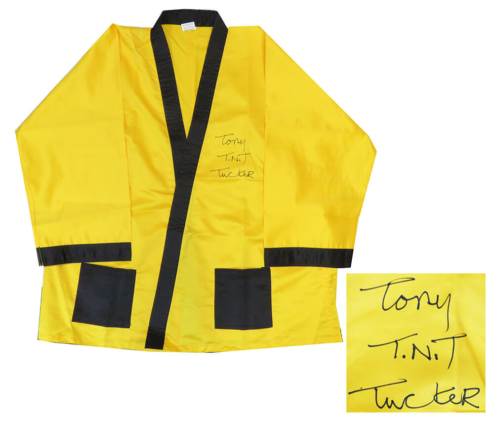 Tony Tucker Signed Yellow Boxing Robe w/TNT - TUCROB500 - Tony Tucker Signed Yellow Boxing Robe w/TNT product image