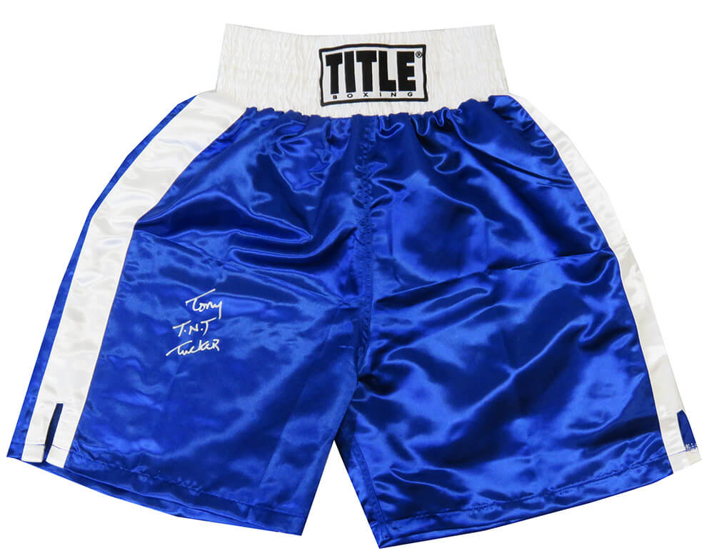 Tony Tucker Signed Title Blue Boxing Trunks w/TNT - TUCTRU500 - Tony Tucker Signed Title Blue Boxing Trunks w/TNT product image