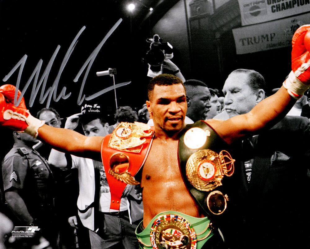 Mike Tyson Signed Boxing Holding Belts Spotlight 8x10 Photo - TYS08P503 - Mike Tyson Signed Boxing Holding Belts Spotlight 8x10 Photo product image