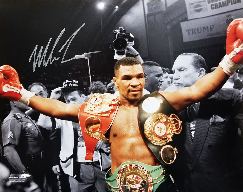 Mike Tyson Signed Boxing Holding Belts Spotlight 16x20 Photo - TYS16P508 - Mike Tyson Signed Boxing Holding Belts Spotlight 16x20 Photo product image