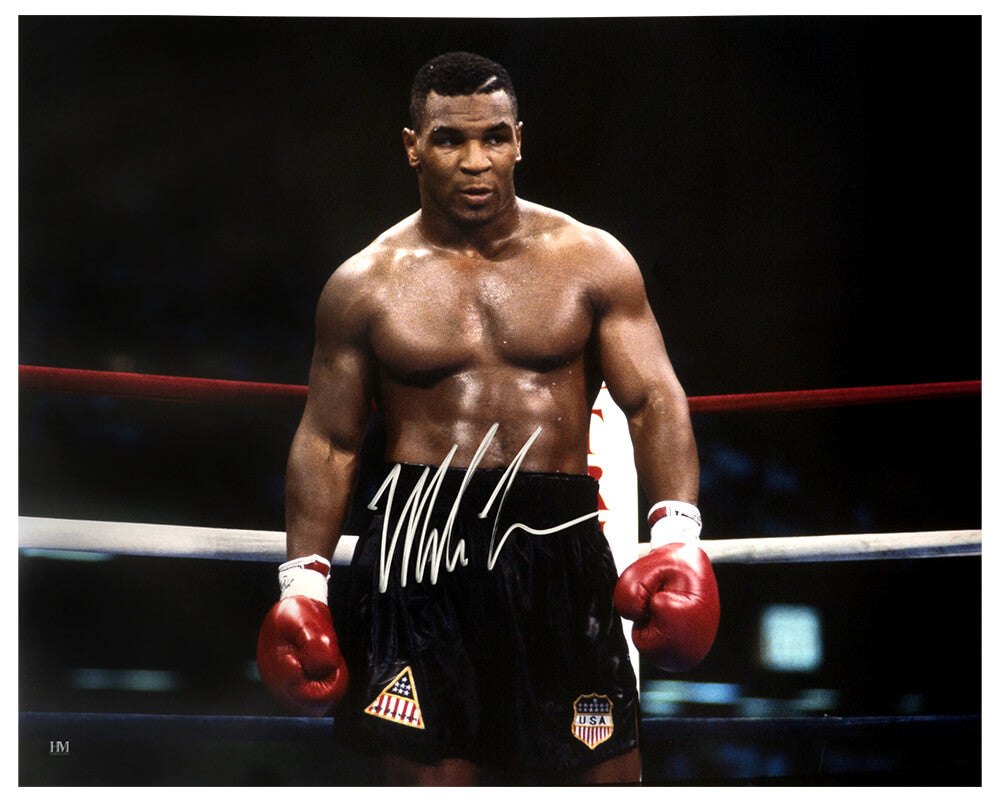 Mike Tyson Signed Boxing Black Trunks Action 16x20 Photo - TYS16P510 - Mike Tyson Signed Boxing Black Trunks Action 16x20 Photo product image
