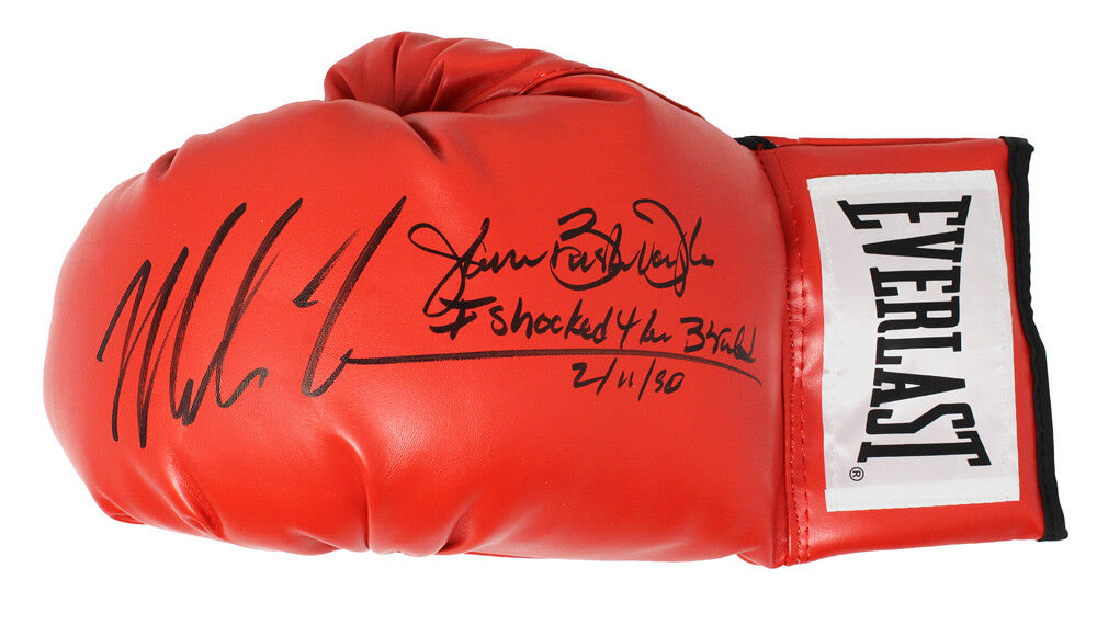 Mike Tyson & James Buster Douglas Dual Signed Everlast Red Boxing Glove w/I Shocked The World 2-11-90 - TYSGLV521 - Mike Tyson & James Buster Douglas Dual Signed Everlast Red Boxing Glove w/I Shocked The World 2-11-90 product image