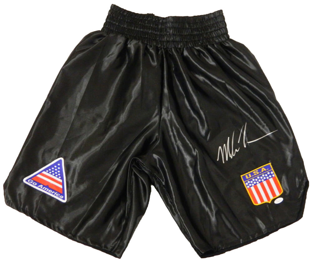 Mike Tyson Signed Black Custom Boxing Trunks - TYSTRU500 - Mike Tyson Signed Black Custom Boxing Trunks product image