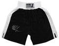 Mike Tyson Signed Title Black With White Trim Boxing Trunks - TYSTRU503 - Mike Tyson Signed Title Black With White Trim Boxing Trunks product image