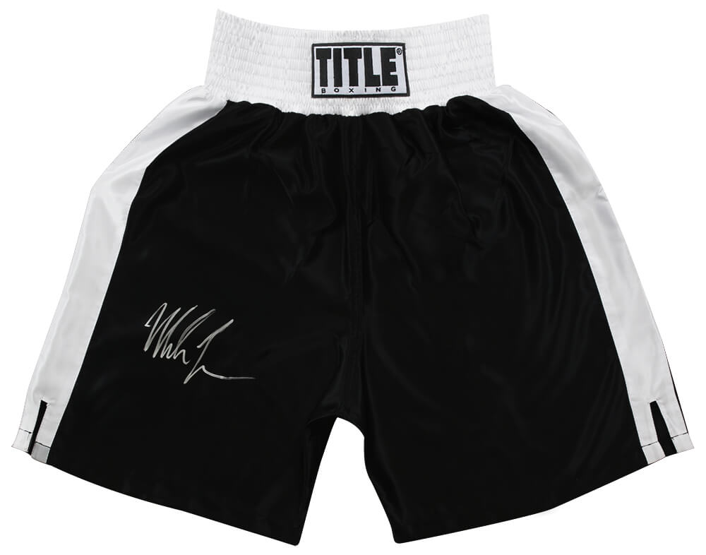 Mike Tyson Signed Title Black With White Trim Boxing Trunks - TYSTRU503 - Mike Tyson Signed Title Black With White Trim Boxing Trunks product image