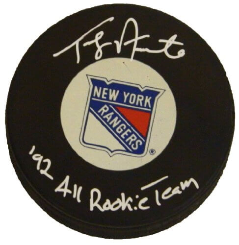 Tony Amonte Signed Autographed NY Rangers Logo Hockey Puck w/'92 All Rookie Team - AMOPUC402 - Tony Amonte Signed Autographed NY Rangers Logo Hockey Puck w/'92 All Rookie Team product image