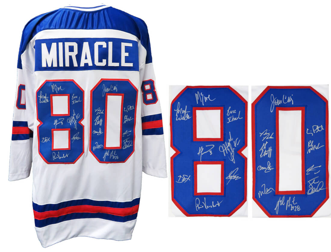 1980 USA Hockey 'Miracle On Ice' Team Signed USA White Custom #80 Throwback Hockey Jersey (18 - Sigs) - USAJRY405 - 1980 USA Hockey 'Miracle On Ice' Team Signed USA White Custom #80 Throwback Hockey Jersey (18 - Sigs) product image