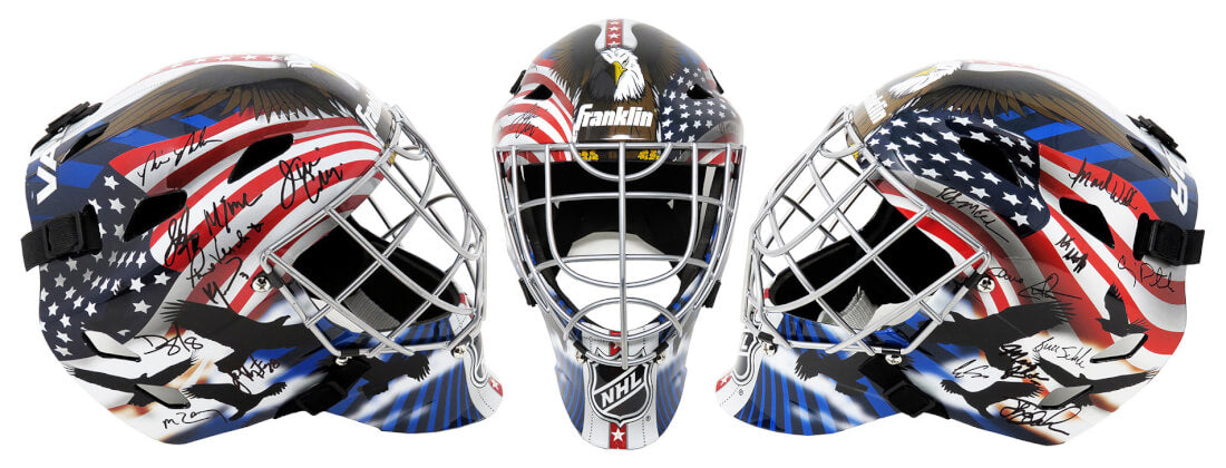 1980 USA Hockey 'Miracle On Ice' Team Signed USA Bald Eagle Glory Logo Franklin Replica Goalie Mask (18 - Sigs) - USAMAS402 - 1980 USA Hockey 'Miracle On Ice' Team Signed USA Bald Eagle Glory Logo Franklin Replica Goalie Mask (18 - Sigs) product image