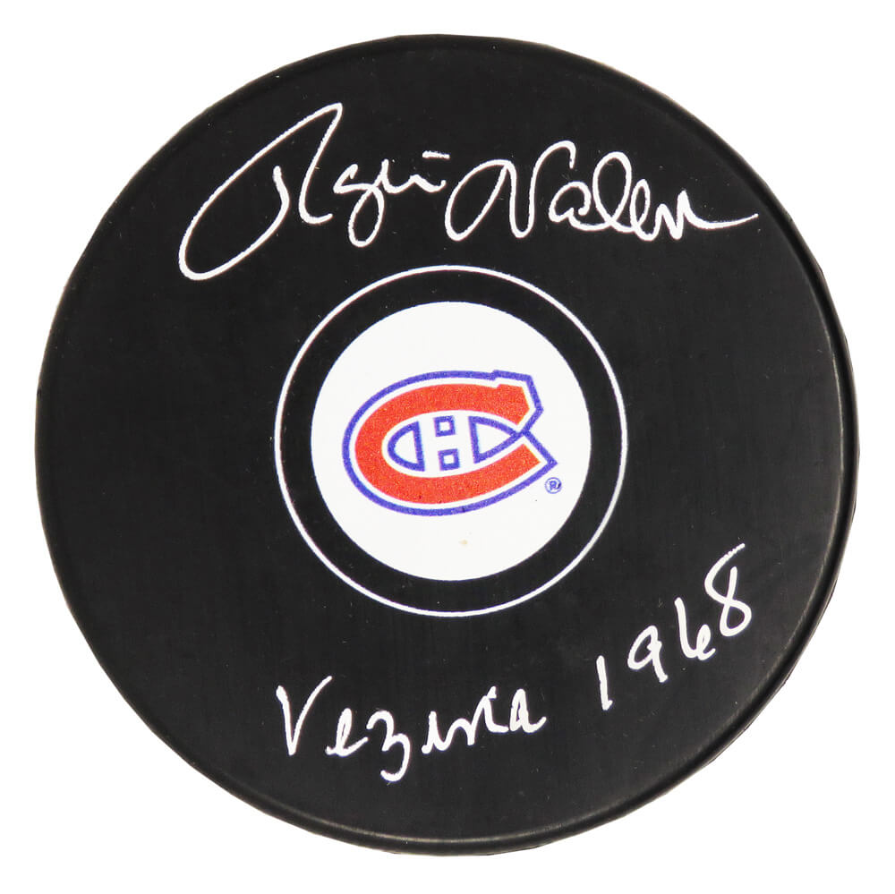 Rogie Vachon Signed Montreal Canadiens Logo Hockey Puck w/Vezina 1968 - VACPUC403 - Rogie Vachon Signed Montreal Canadiens Logo Hockey Puck w/Vezina 1968 product image