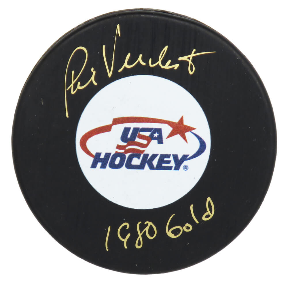 Phil Verchota Signed USA Hockey Logo Hockey Puck w/1980 Gold - VERPUC411 - Phil Verchota Signed USA Hockey Logo Hockey Puck w/1980 Gold product image