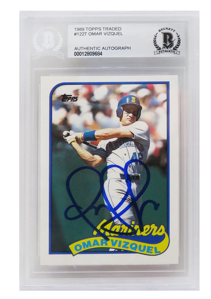 Omar Vizquel Signed Seattle Mariners 1989 Topps Traded Baseball Rookie Card #122T - (Beckett Encapsulated) - VIZCAR101 - Omar Vizquel Signed Seattle Mariners 1989 Topps Traded Baseball Rookie Card #122T - (Beckett Encapsulated) product image