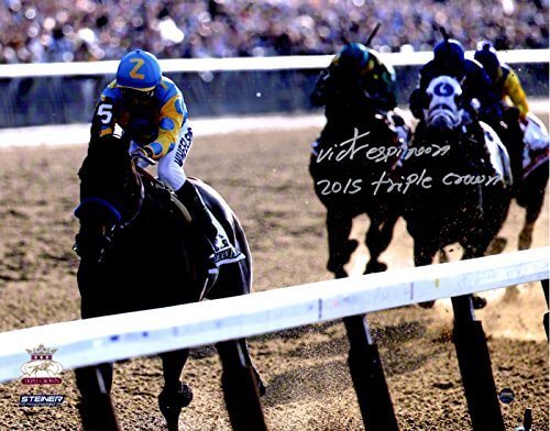 Victor Espinoza Signed American Pharoah 2015 Belmont Stakes 11x14 Photo w/2015 Triple Crown - ESP11P501 - Victor Espinoza Signed American Pharoah 2015 Belmont Stakes 11x14 Photo w/2015 Triple Crown product image